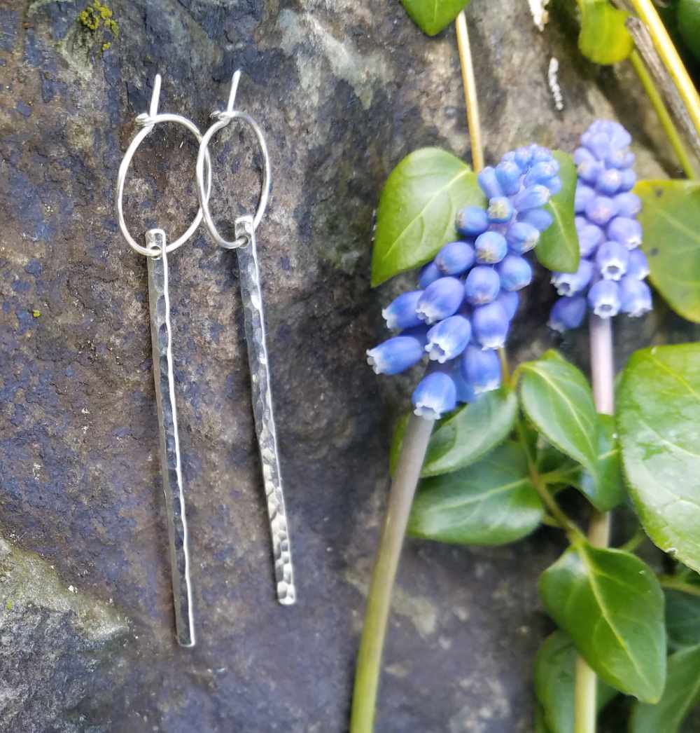 Sterling Silver earrings - Forged Long Thin Rectangles on sterling silver hoops